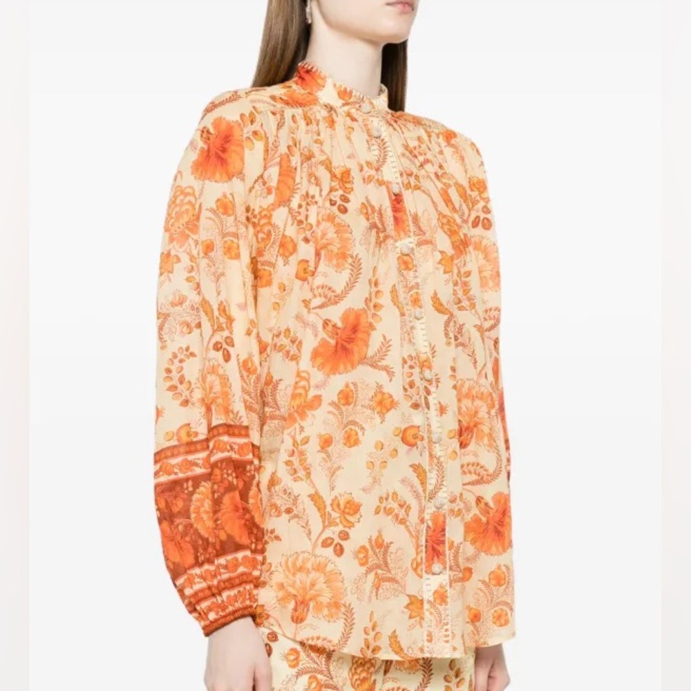 Zimmermann Junie Orange Floral Ramie Embellished Billow Blouse AU 1